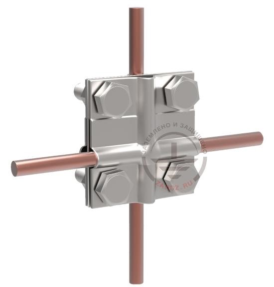 Cruciform clamp for the connection of two conductors
